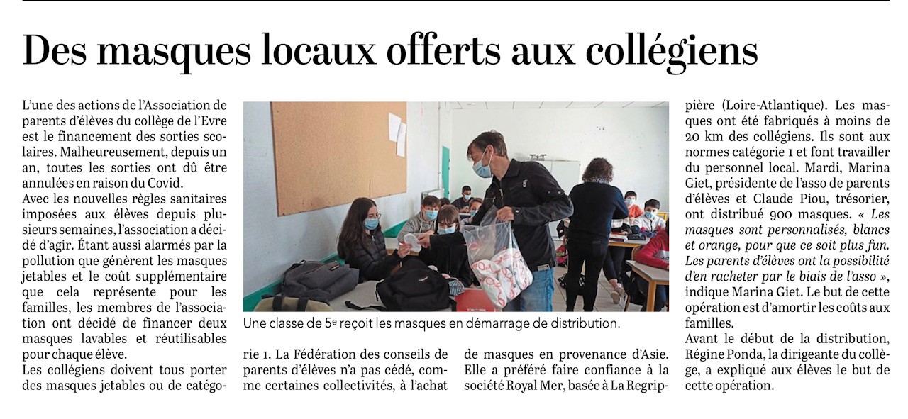 Article - Des masques pour les collégiens